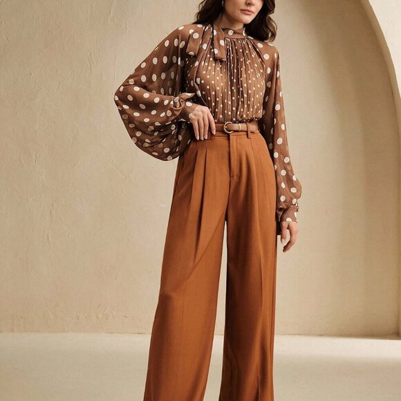 Brown Elegant Womens Polka Dot Pleated detailed bow Tie Front Long Sleeve Blouse - Picture 7 of 8